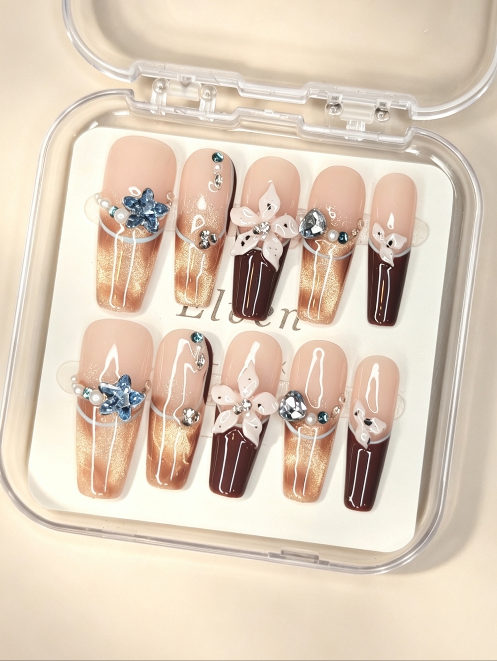 Brown and Gold Handmade Press On Nails With Floral And Rhinestone Long Coffin